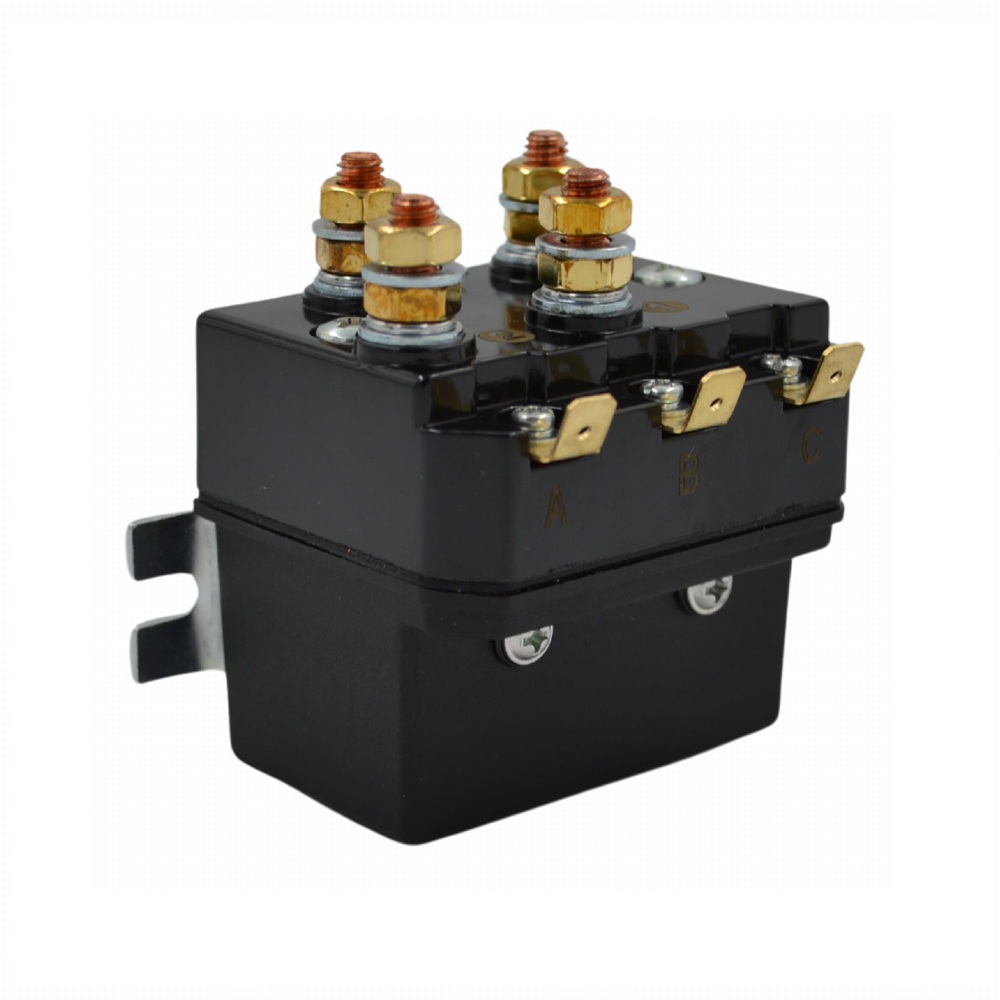 Releu solenoid 200A 12V pentru troliu ATV - carcasă neagră, borne cupru aurite, conectori semnal A/B/C