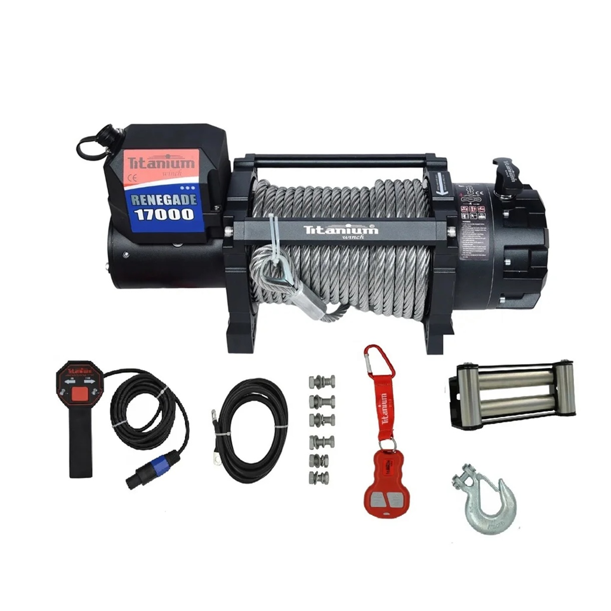 Troliu auto Titanium Winch Renegade 17000 lbs (7711 kg) 12V cu șufă metalică 12mm x 24m, motor 6 CP, raport 354:1, controller integrat 450A