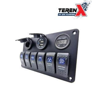 Panou tip Carling cu 6 întrerupătoare pentru accesorii, soclu USB, brichetă și voltmetru 12V, design compact și funcțional pentru gestionarea eficientă a accesoriilor vehiculului.