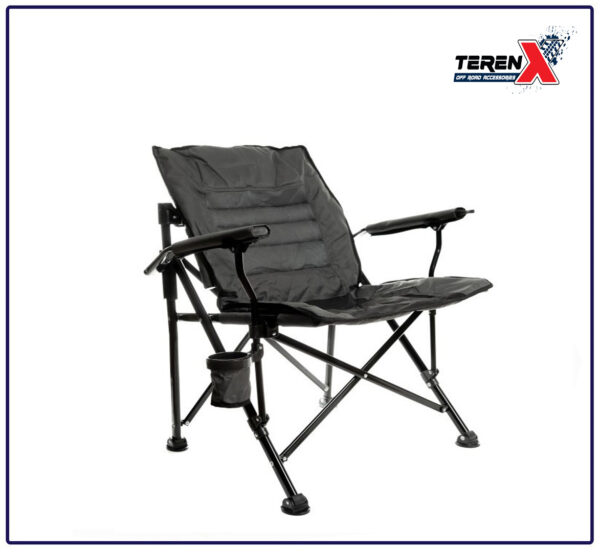 Scaun de camping pliabil negru TerenX cu suport de pahar"