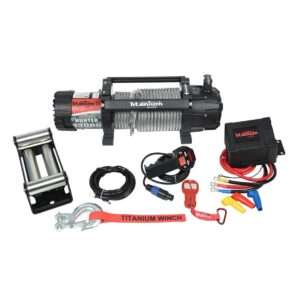 Troliu auto Titanium Winch Hunter 13000 lbs (5900 kg) 12V cu șufă metalică 9,5mm x 24m, motor 6 CP, raport 218:1, 37,6 kg - platforme auto și vehicule speciale