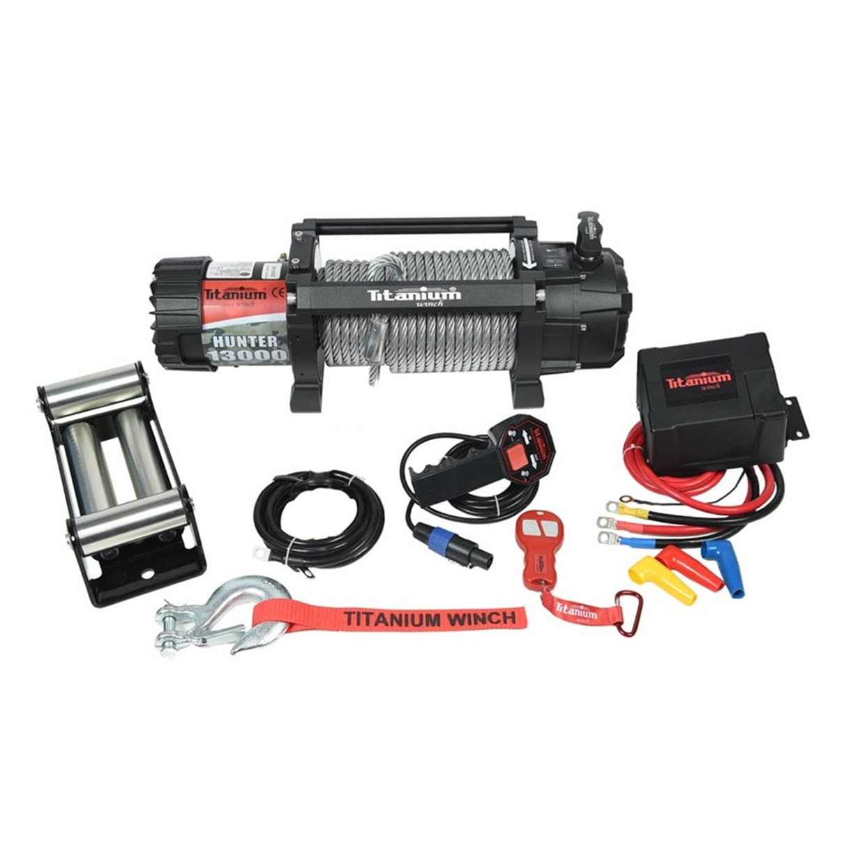 Troliu auto Titanium Winch Hunter 13000 lbs (5900 kg) 12V cu șufă metalică 9,5mm x 24m, motor 6 CP, raport 218:1, 37,6 kg - platforme auto și vehicule speciale