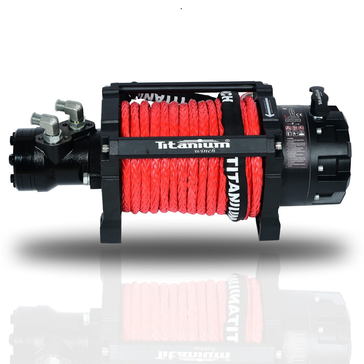 Troliu hidraulic Titanium Winch Renegade 15000 lbs (6800 kg), raport 22:1, transmisie planetară 2 trepte, șufă metalică 12mm x 24m, 67 kg - funcționare continuă fără supraîncălzire