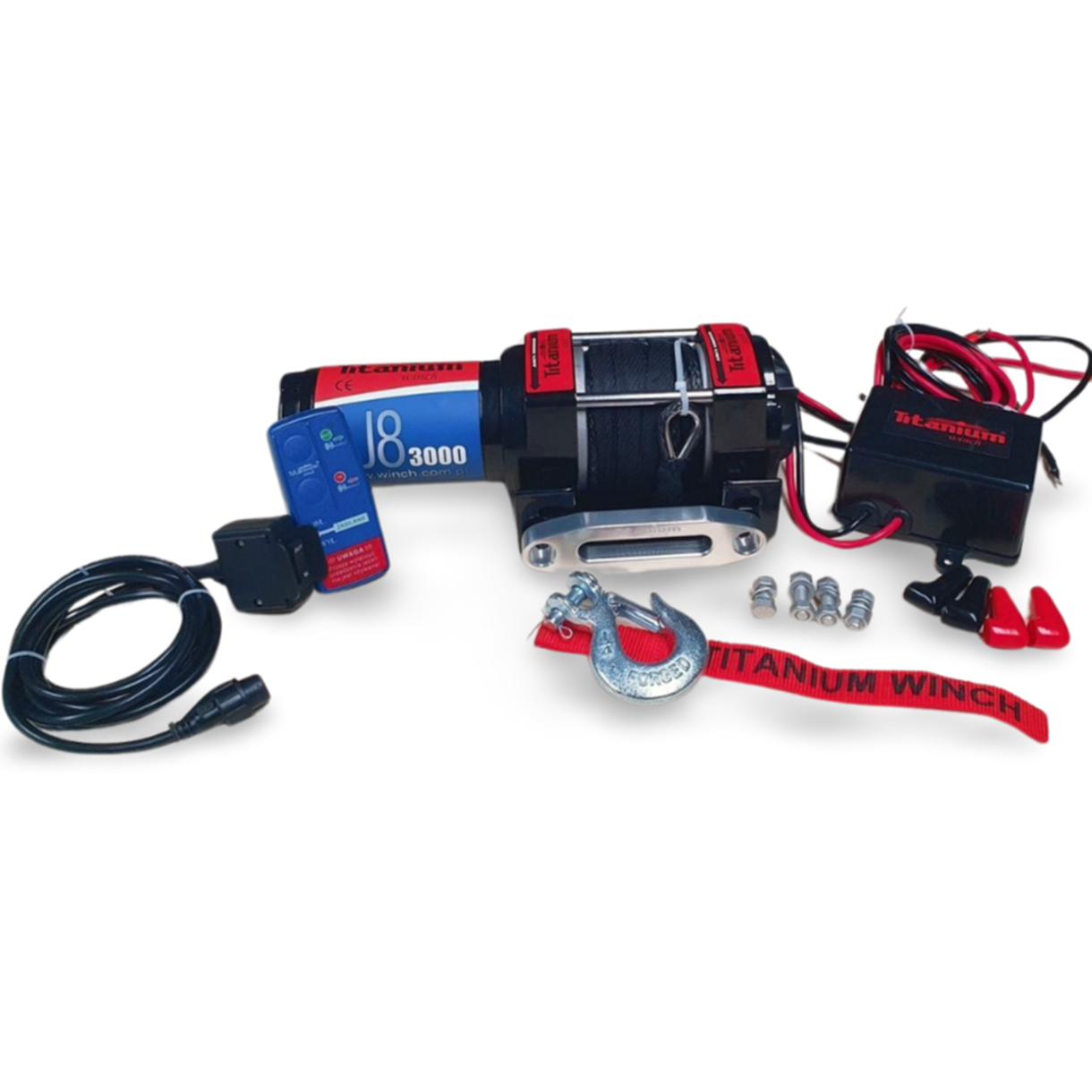 Troliu ATV Titanium Winch J8 3000 lbs (1360 kg) 12V cu șufă sintetică UHMWP 5,5mm x 11m, motor 1,5 CP, raport 136:1, 310 x 105 x 105 mm