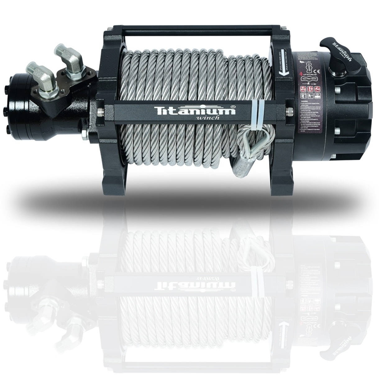 Troliu hidraulic Titanium Winch Renegade 15000 lbs (6800 kg), raport 22:1, transmisie planetară 2 trepte, șufă metalică 12mm x 24m, 67 kg - funcționare continuă fără supraîncălzire
