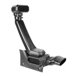 Kit complet snorkel off-road modular tip Amfib pentru Jeep Wrangler JL și Gladiator JT, cu accesorii de montaj și șablon de capotă, decupat pe fundal alb curat.