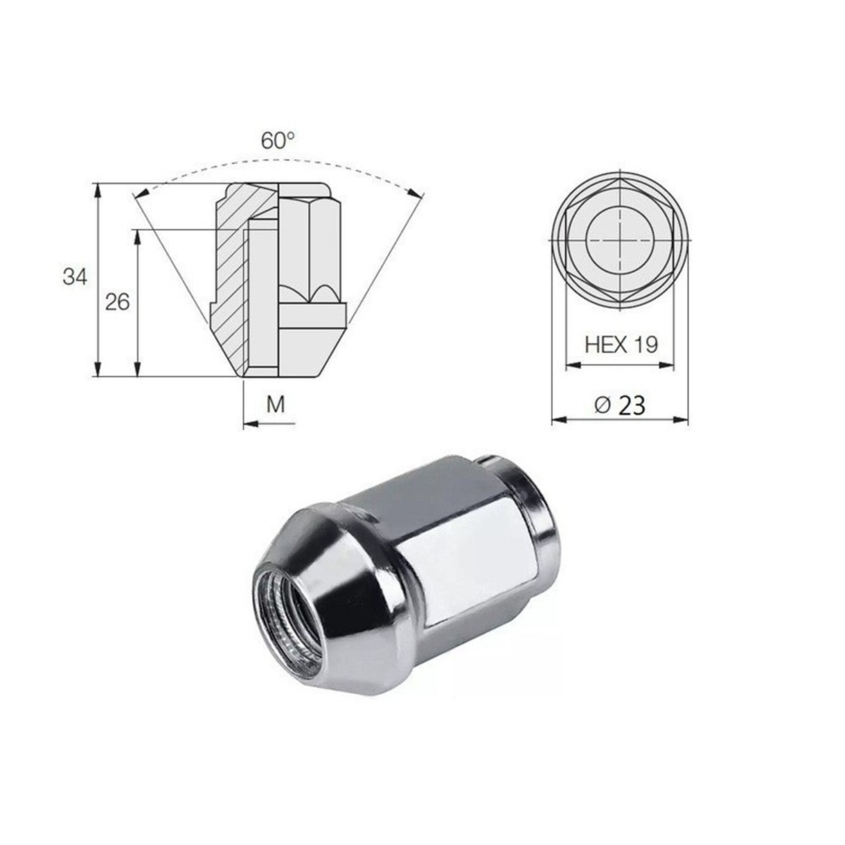 Piuliță roată 1/2"-20 UNF Jeep pentru jante din oțel, închisă, conică, 19 mm - imagine 2